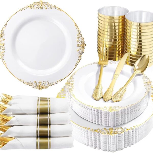 350-Piece Gold Plastic Dinnerware Set for 50 Guests