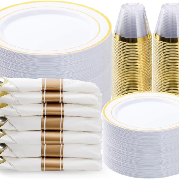 350-Piece Gold Disposable Dinnerware Set for 50 Guests Events