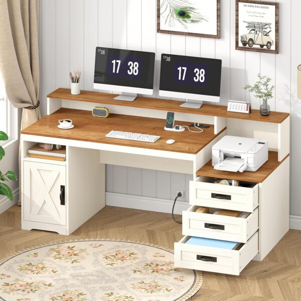 65-Inch Farmhouse Computer Desk with Drawers and Outlets