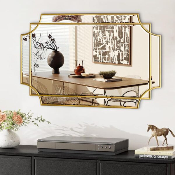 36x24 Gold Framed Wall Mirror, Beveled Scalloped Rectangle, Decorative Accent Mirror for Living Room, Bathroom, Entryway