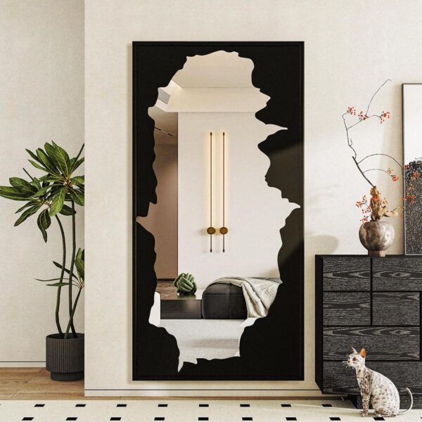 55"x28" Full-Length Leaning Mirror with Black Abstract Overlay, Shatterproof Wall-Mounted Mirror for Living Room, Bedroom, Bathroom