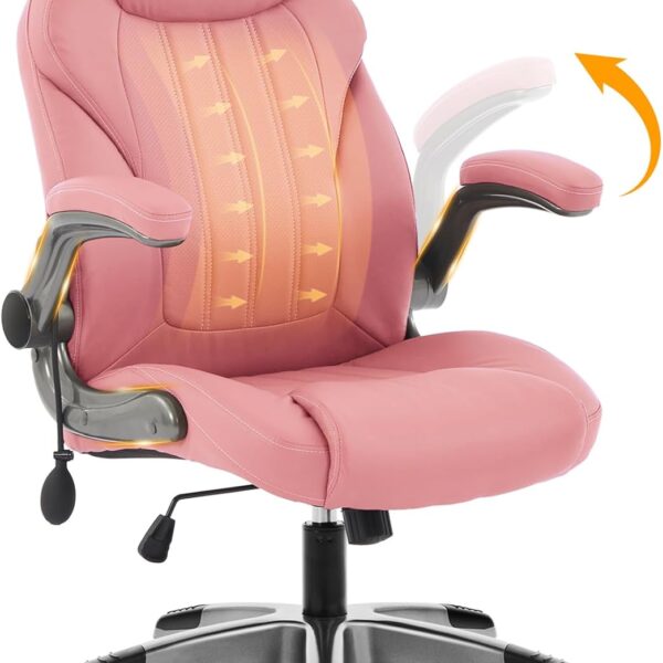 Ergonomic Office Desk Chair with Flip-Up Arms, Adjustable Lumbar Support, PU Leather Executive Chair with Tilt Lock & 360° Rolling Wheels