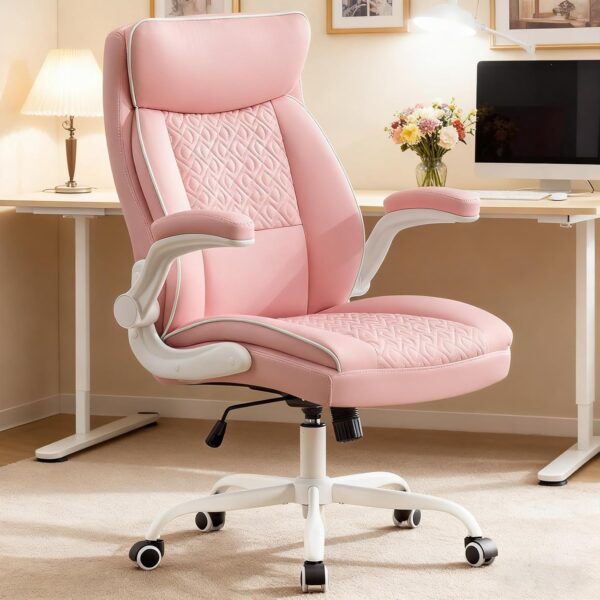 Leather Office Chair with Lumbar Support, Height Adjustable, Pink Executive Desk Chair, Padded Flip-Up Armrests, 400lbs Capacity