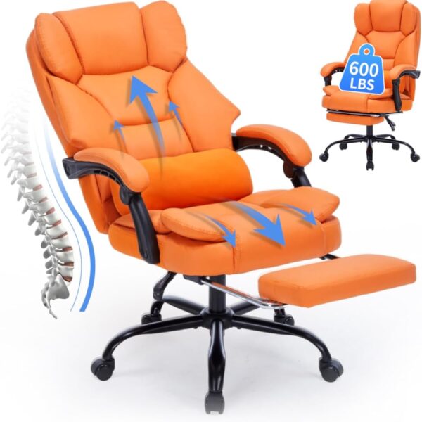 Office Chair with Footrest, Reclining Executive Chair with Lumbar Support, Adjustable Swivel PU Leather Chair with Wheels (Orange)