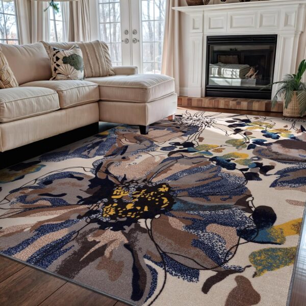 Cream Floral Non-Slip Area Rug, 6'6" x 9', Non-Shedding for Living Room, Bedroom, Dining Room