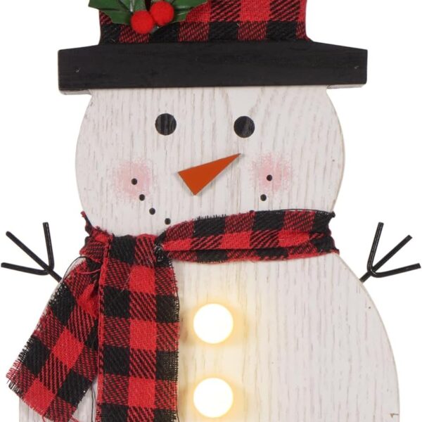 LED Lighted Snowman Christmas Decoration with Timer, Wooden Merry Christmas Sign with Red Plaid Scarf, Farmhouse Holiday Decor for Home