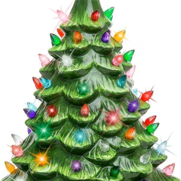 15in Ceramic Christmas Tree with 64 Lights, Hand-Painted, Pre-lit Holiday Tabletop Tree with Star Topper