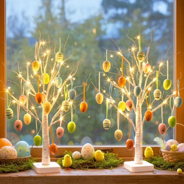 Easter Egg Tree Lighted Birch Tabletop Decorations Set