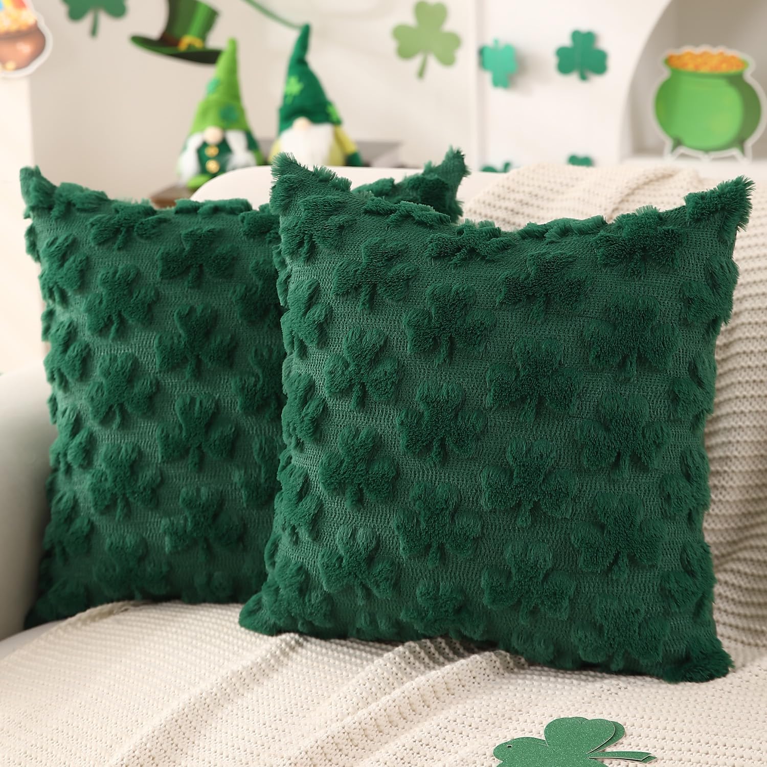 Set of 2 Shamrock Plush Throw Pillow Covers