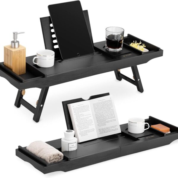 Wooden Bath Tray with Folding Legs, Adjustable Caddy Shelf