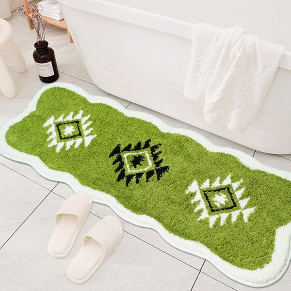 Green Boho Bathroom Rug 24x60” Non-Slip, Washable, Soft Mat