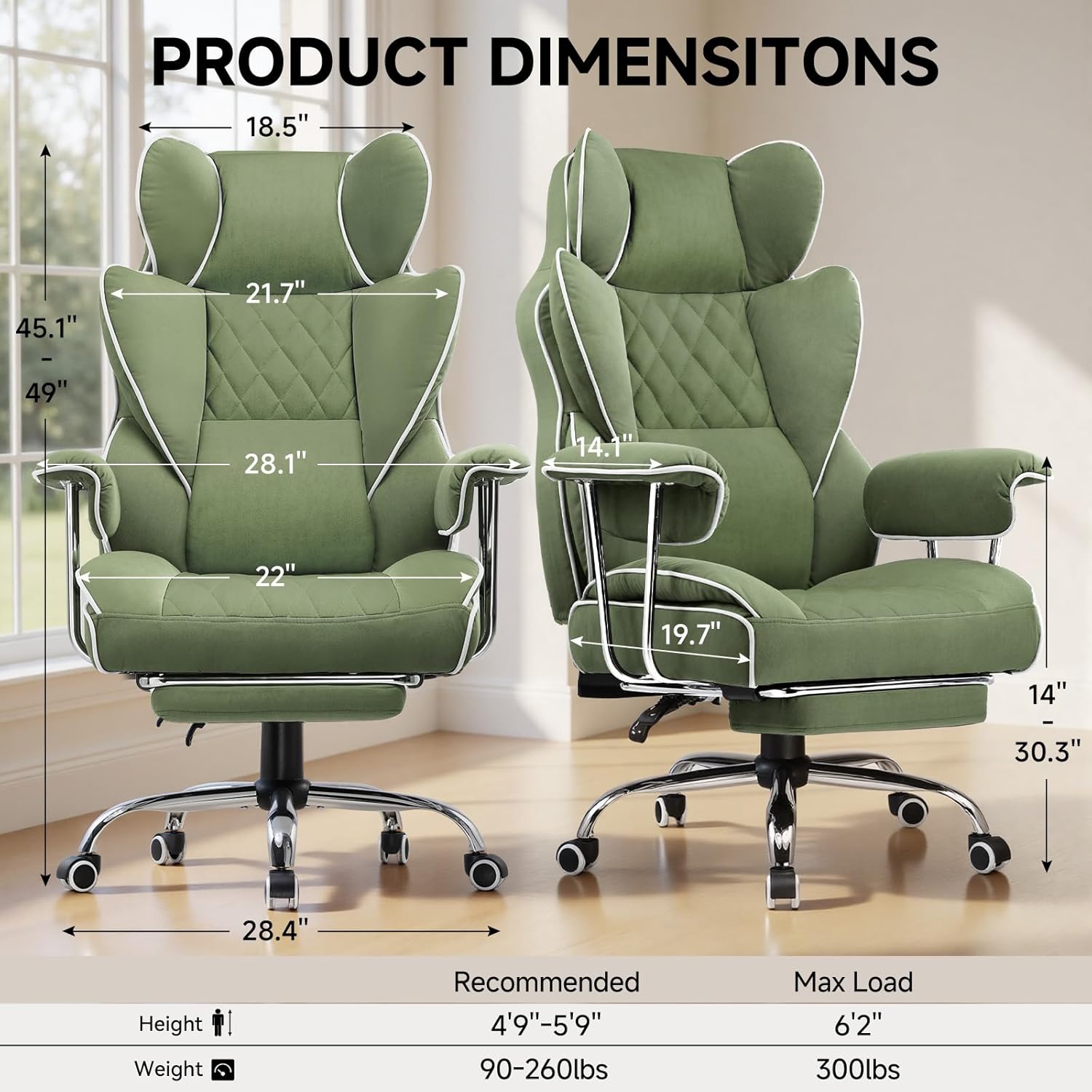 Big and Tall Gaming Chair with Pocket Spring Lumbar Support, Ergonomic Office Chair with Footrest, Fixed Armrests, High Back, Green - Image 3
