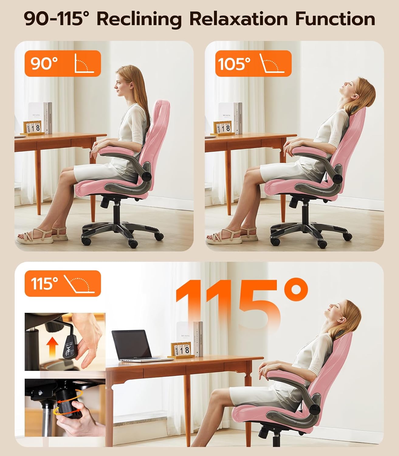 Ergonomic Office Desk Chair with Flip-Up Arms, Adjustable Lumbar Support, PU Leather Executive Chair with Tilt Lock & 360° Rolling Wheels - Image 4