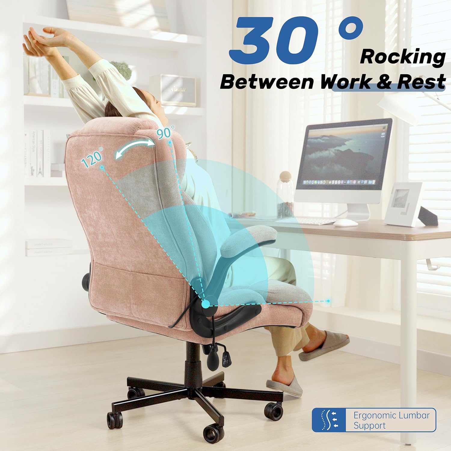 550LBS Big and Tall Office Chair, Heavy Duty Ergonomic Executive Chair with Adjustable Lumbar Support, Extra-Wide Seat, Pink - Image 4