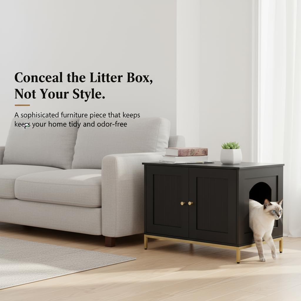 Modern Cat Litter Box Enclosure, Metal Frame Pet House, Black & Gold - Image 4