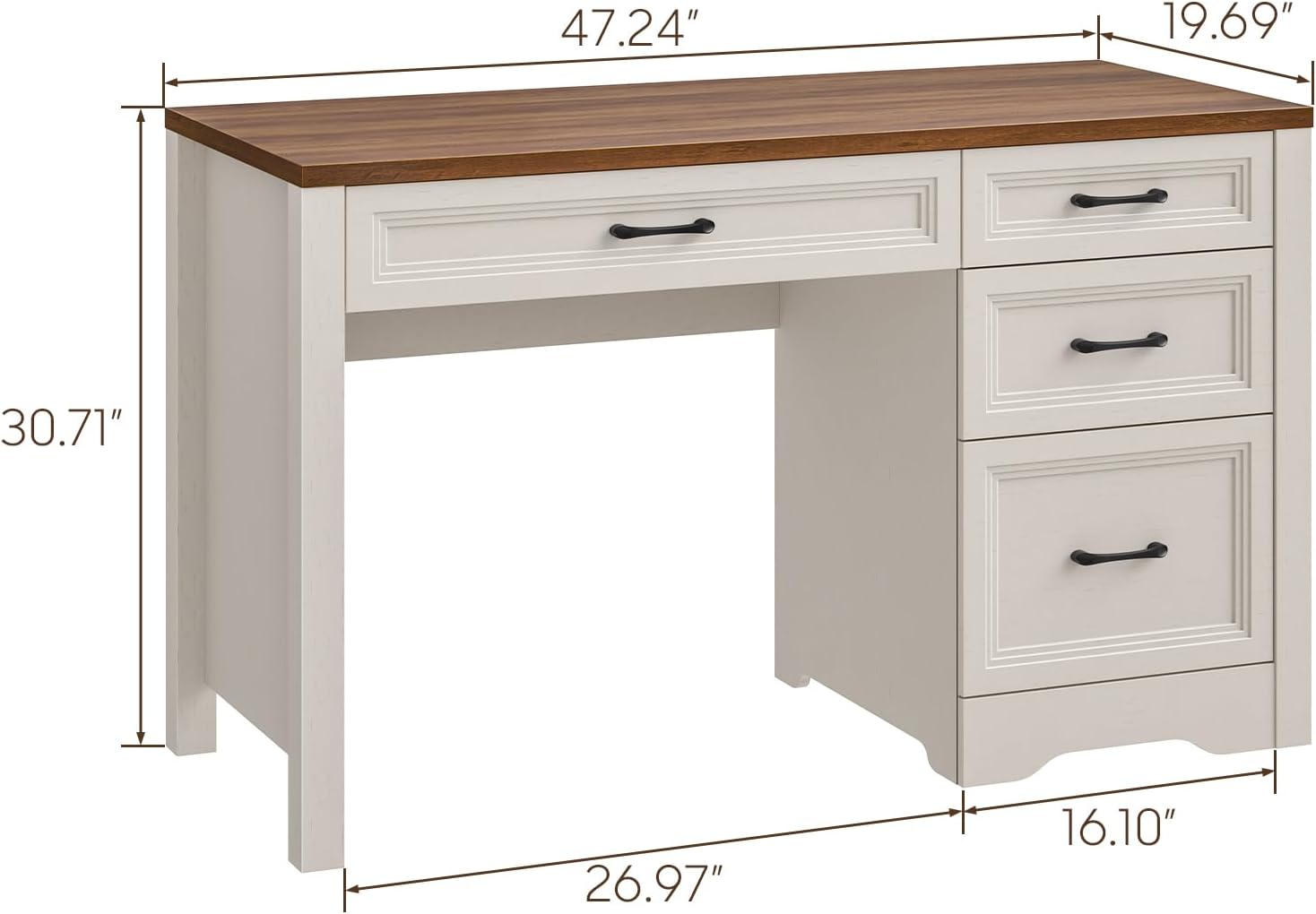 Farmhouse Executive Desk, White, Large Rustic Home Office Desk with Storage & File Drawer - Image 3