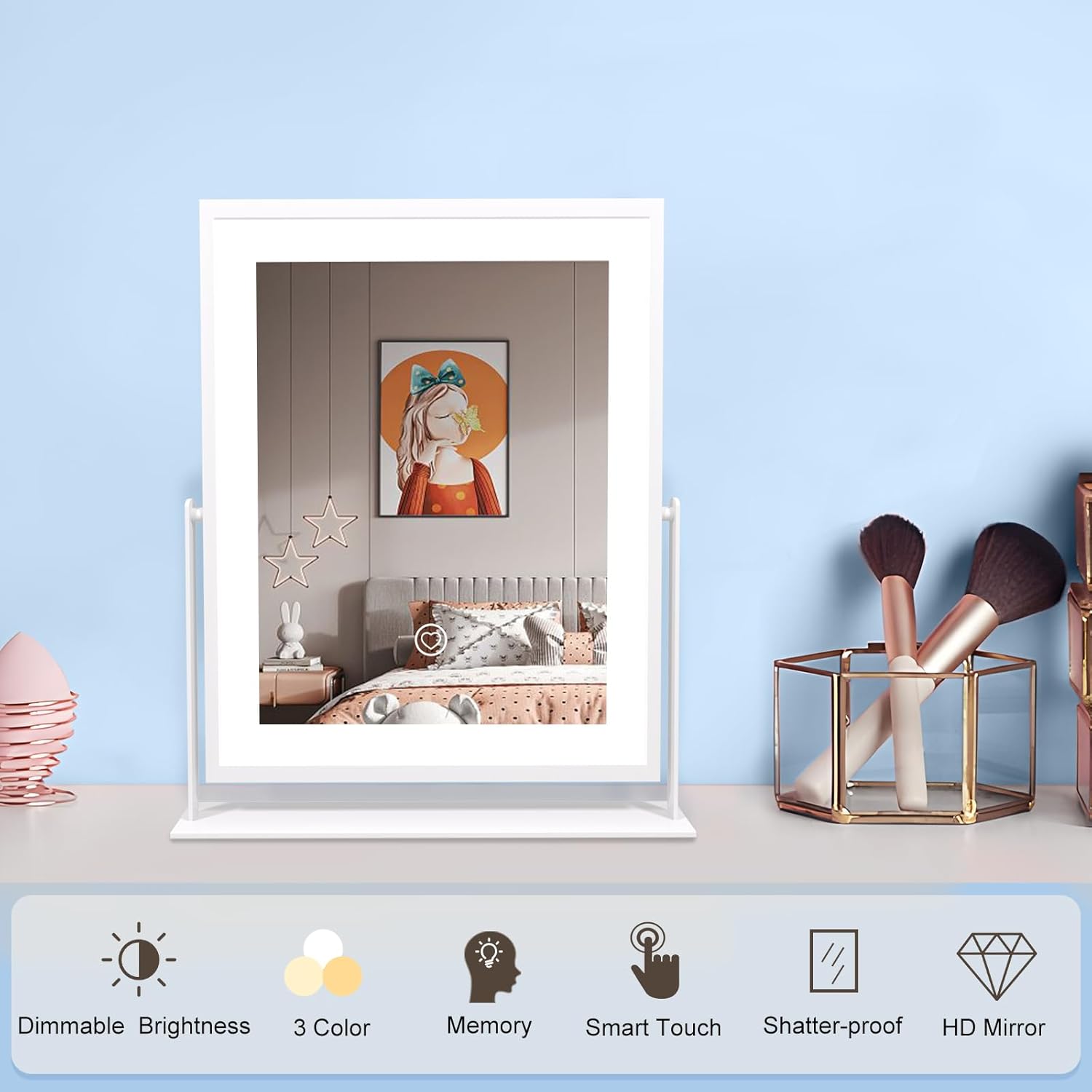 11″ Lighted Vanity Makeup Mirror, LED, Dimmable, 3 Modes, Smart Control, White - Image 4