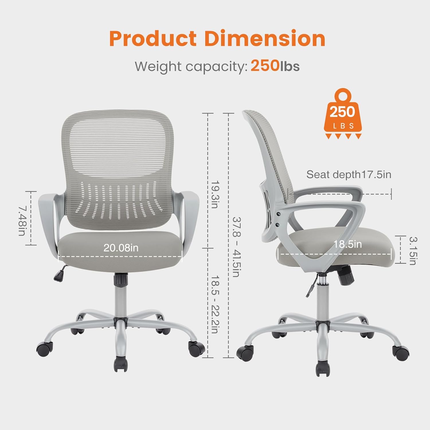 Ergonomic Mid-Back Mesh Office Chair, Adjustable Swivel, Lumbar Support, With Armrests - Image 3