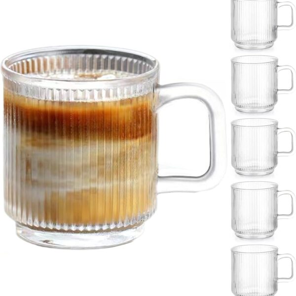 6-Pack 12 oz Glass Coffee Mugs with Handle, Transparent Vertical Stripe Cups for Hot & Cold Beverages