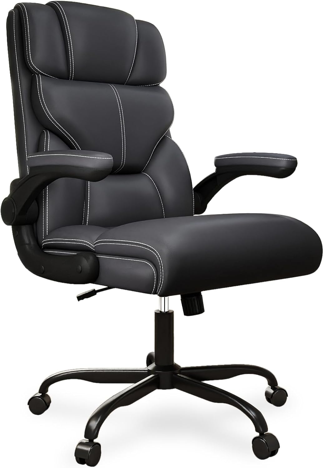 Executive Leather Office Chair, Mid-High Back, Ergonomic Lumbar, Flip-Up Armrests, 400lbs, Swivel & Rocking - Image 2