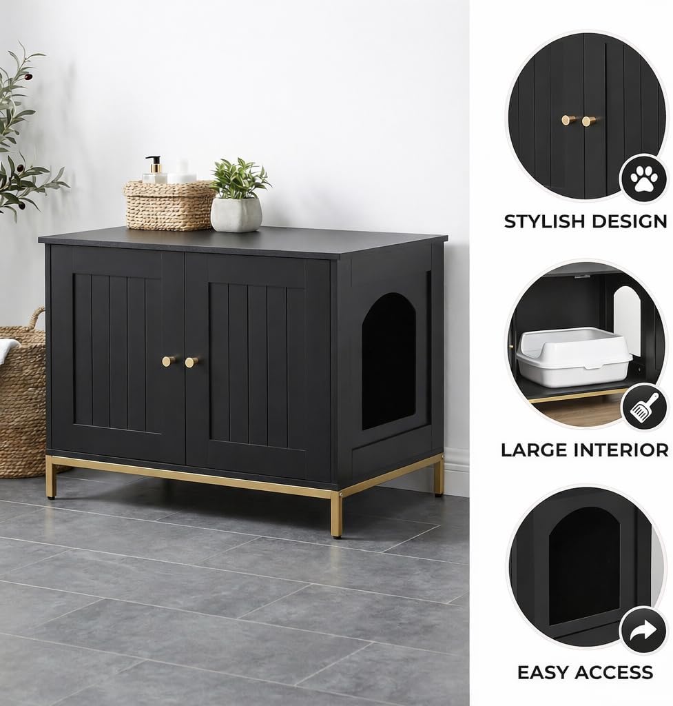 Modern Cat Litter Box Enclosure, Metal Frame Pet House, Black & Gold - Image 3