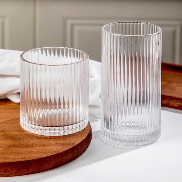 Set of 8 Ribbed Drinking Glasses, 12 oz & 10 oz Tumblers, Clear Glassware for Parties & Gifts