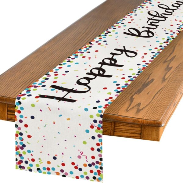 Polka Dot Beige “Happy Birthday” Table Runner, 13x72 Inch, Seasonal Kitchen & Party Table Decor