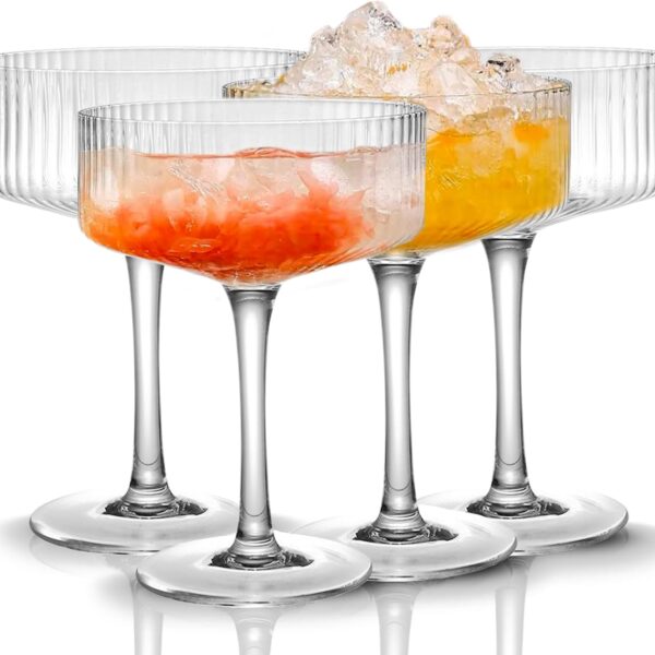 4-Pc Ribbed 10oz Coupe Glasses – Vintage Martini & Cocktail Glass Set, Perfect for Wine, Champagne, Bar & Gift