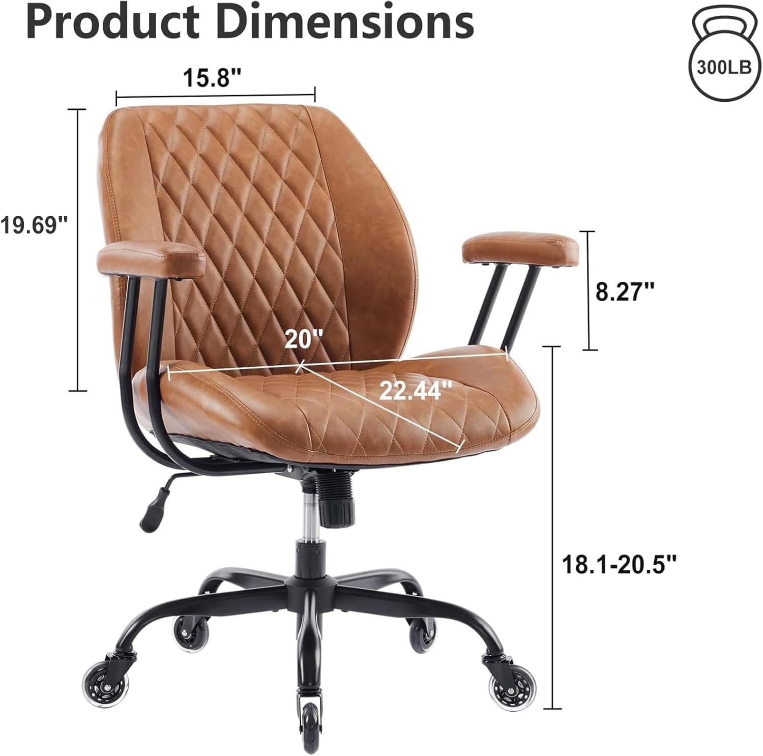 Brown Leather Ergonomic Office Chair, Adjustable Height, Lumbar Support, Swivel & Rolling Casters - Image 4