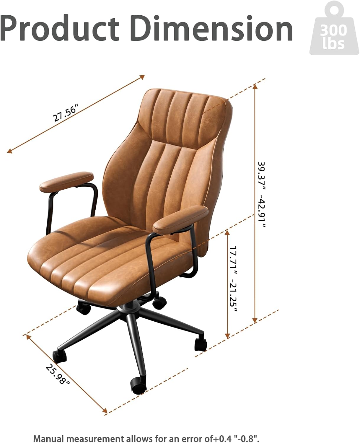 Brown Leather Office Chair, Mid-Century Modern, Adjustable Height, With Arms & Wheels - Image 5
