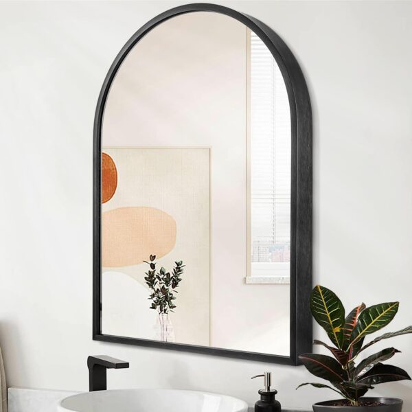 16×12″ Black Arched Wall Mirror, Aluminum Frame, Brushed Metal, Bathroom & Vanity Wall Decor