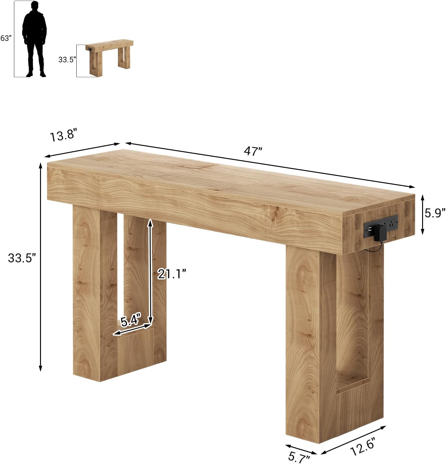 47″ Farmhouse Entryway Console Table with Socket & Sensor Light, Natural Oak - Image 4