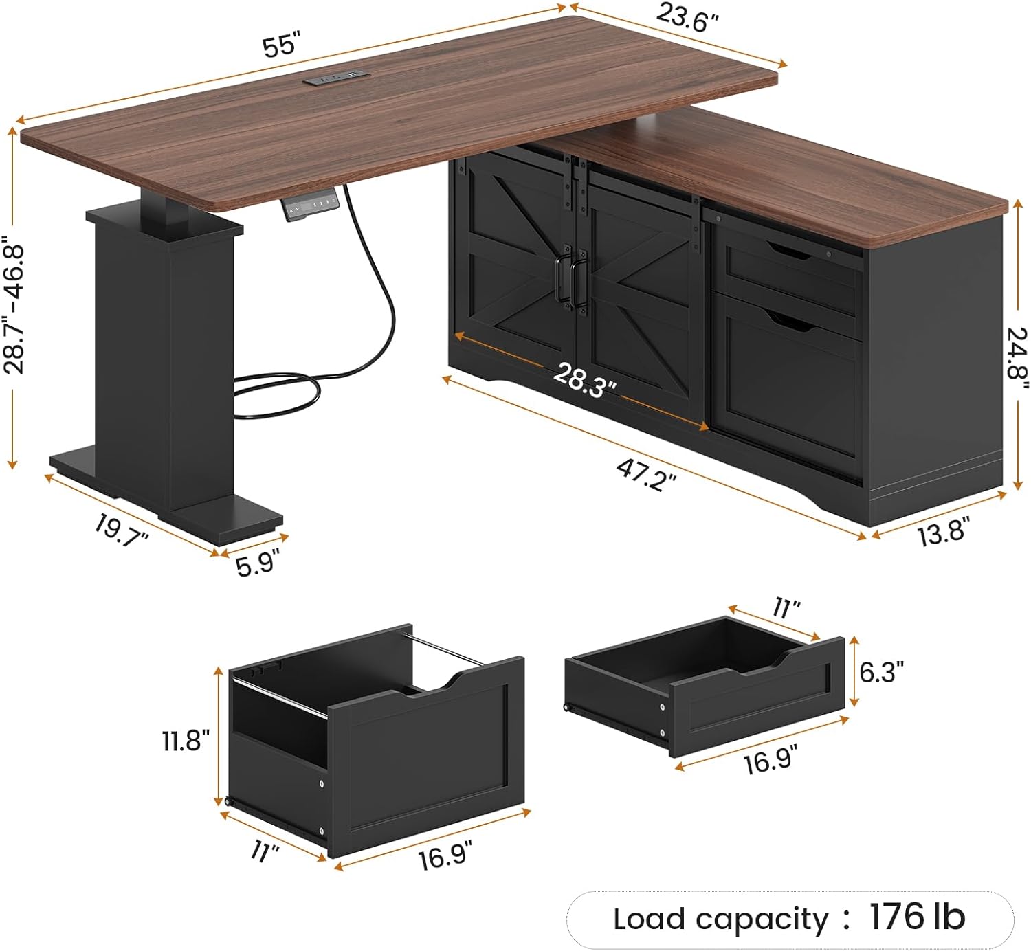 55″ Farmhouse L-Shaped Standing Desk, Height-Adjustable, Black, Storage Drawers & Power Outlets - Image 4