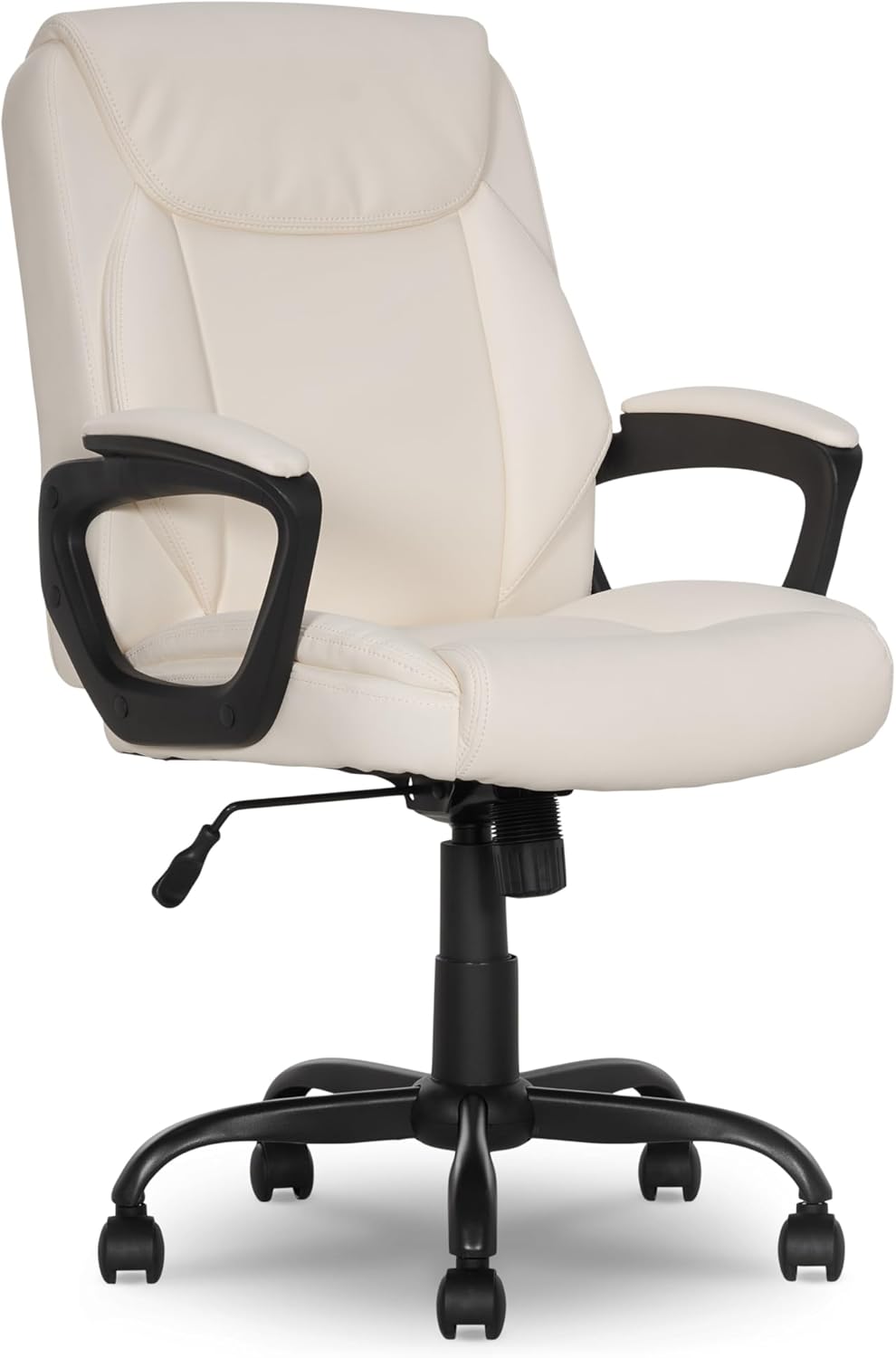 Cream PU Mid-Back Office Chair, Padded, Adjustable Height, With Armrests, 26×23.75×42″