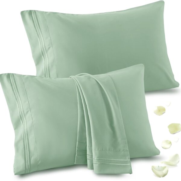 2-Pack Standard Pillowcases, Sage Green Microfiber, 20×26″, Embroidered, Envelope Closure