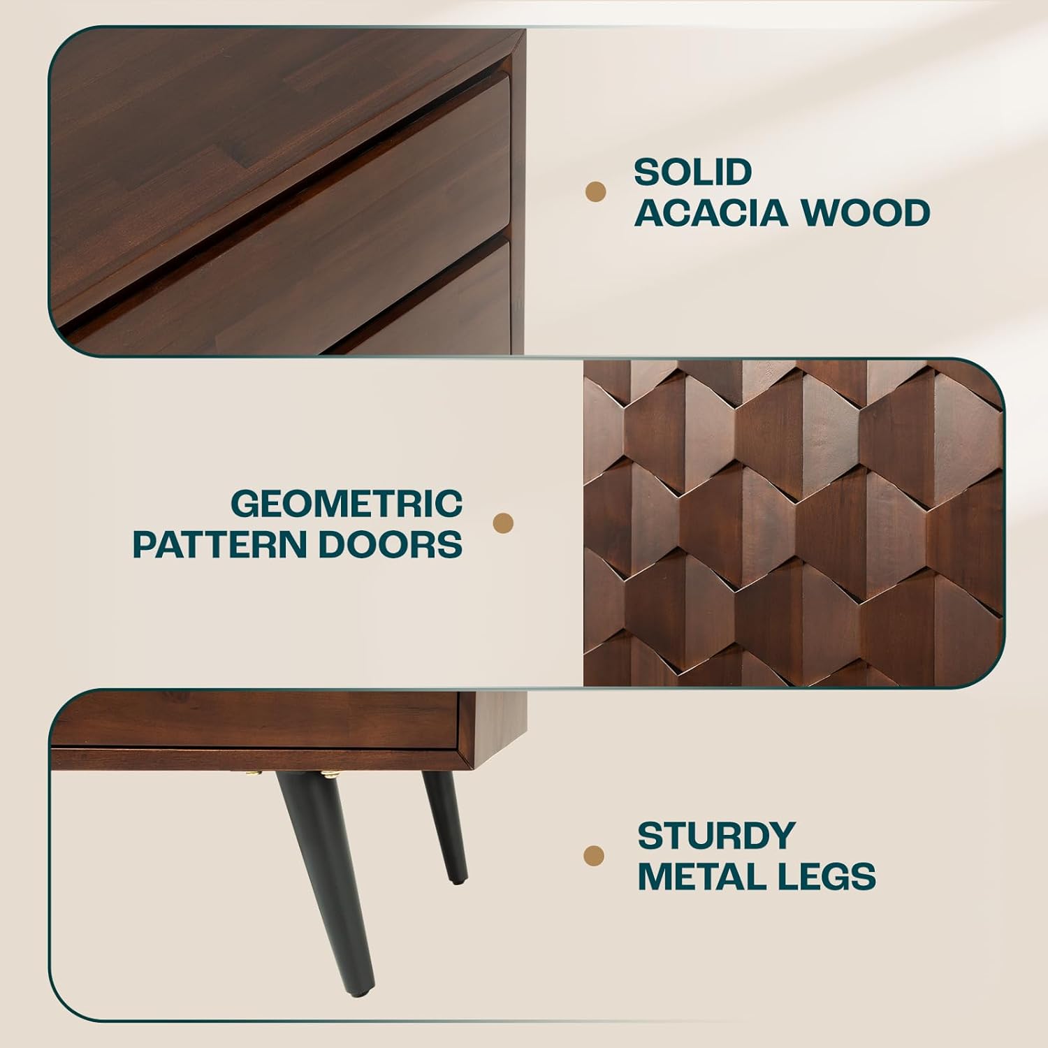 61″ Solid Wood Sideboard Cabinet, 2 Doors & 3 Drawers, Mid-Century Modern - Image 2