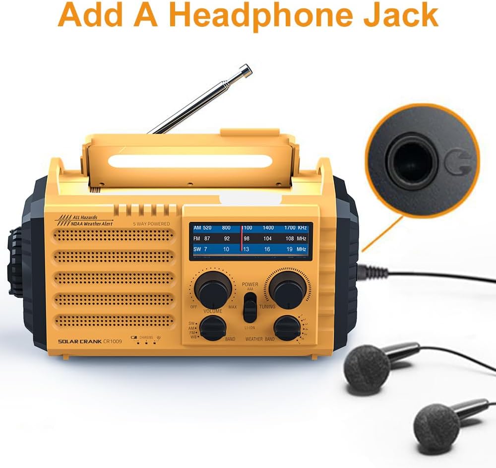 Emergency Weather Radio, Solar & Hand Crank, 5000mAh, AM/FM/SW/NOAA Alerts, Flashlight & Charger - Image 5