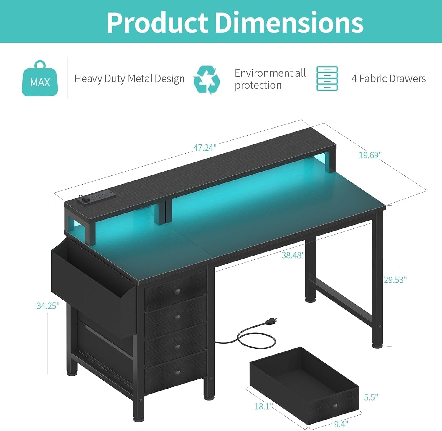 Gaming Desk with LED Lights and Power Outlets, 47 inch Computer Desk with Fabric Drawers, Reversible Home Office Desk with Monitor Stand, Black - Image 3