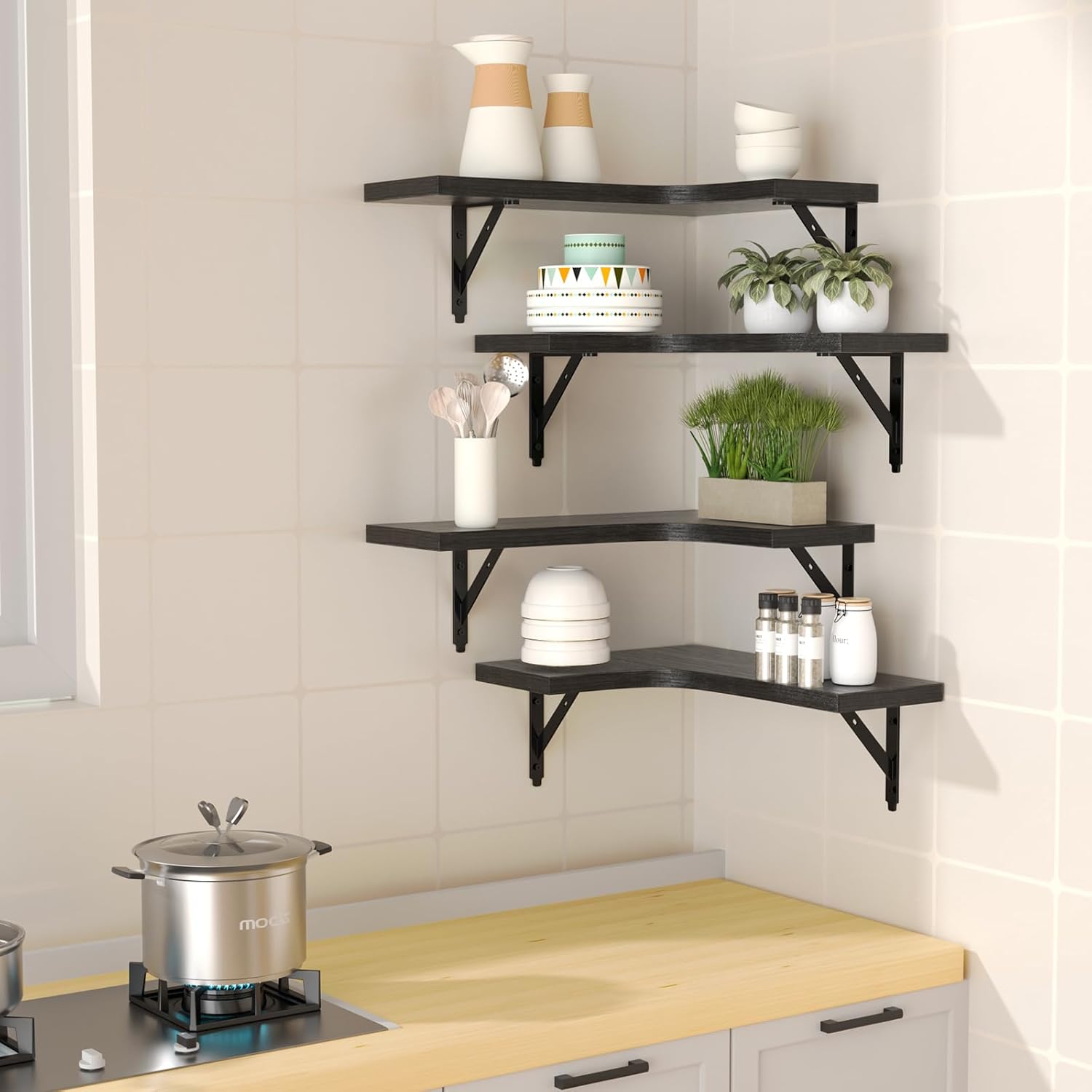Corner Floating Wall Shelves, 4-Piece, Rustic Black - Image 5