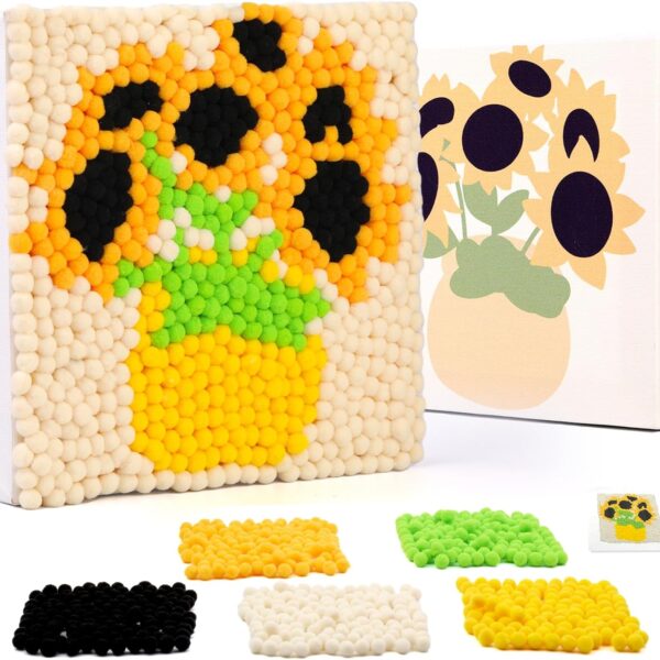 Pom Pom Painting Kit for Adults, Sunflower Design, Colorful Pom Poms & Canvas Included
