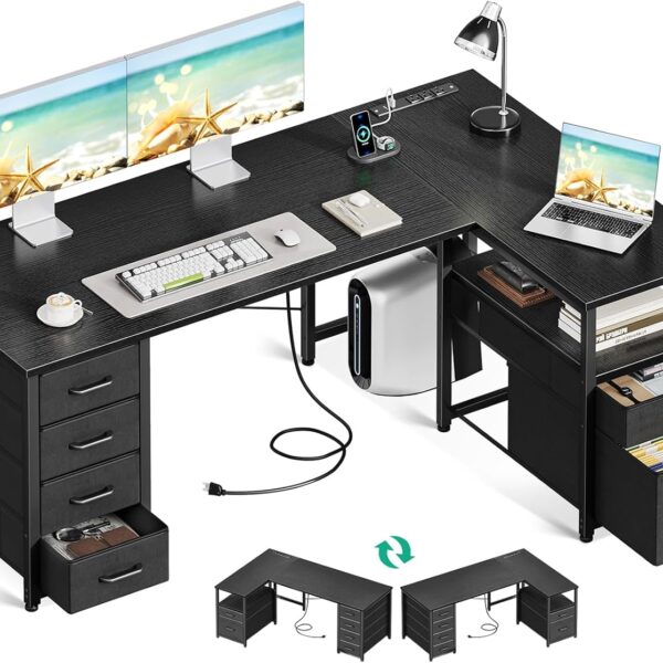 55″ L-Shaped Computer Desk, Black, 6 Drawers, Power Outlet & Reversible Storage Shelf