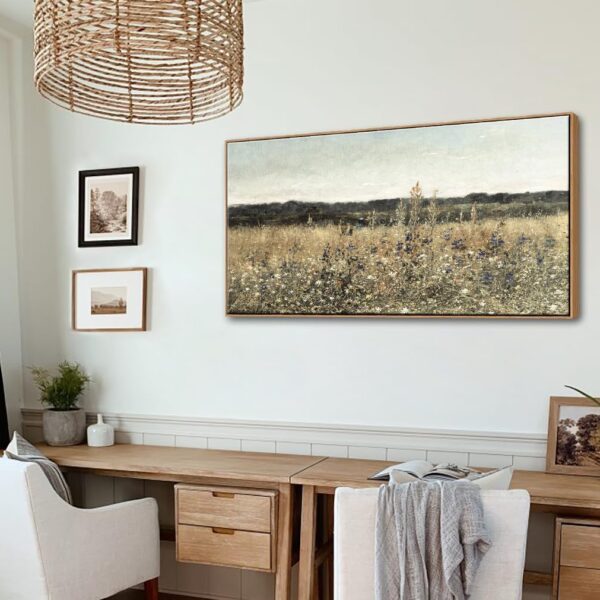 Framed Wildflower Field Canvas Wall Art, Farmhouse Cottagecore Floral Landscape, 20×40″