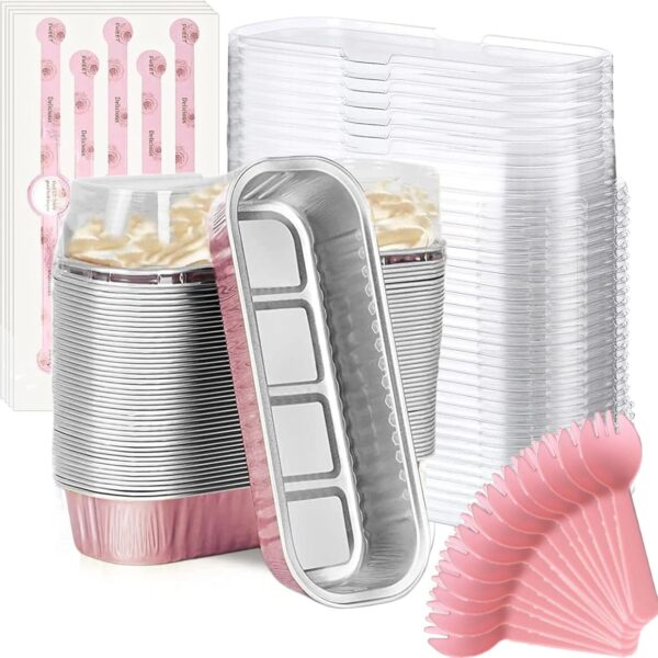 50-Pack Mini Loaf Baking Pans, 6.8oz Aluminum Foil, Rectangle with Lids & Spoons, for Cupcakes, Cheesecake & Ramekins