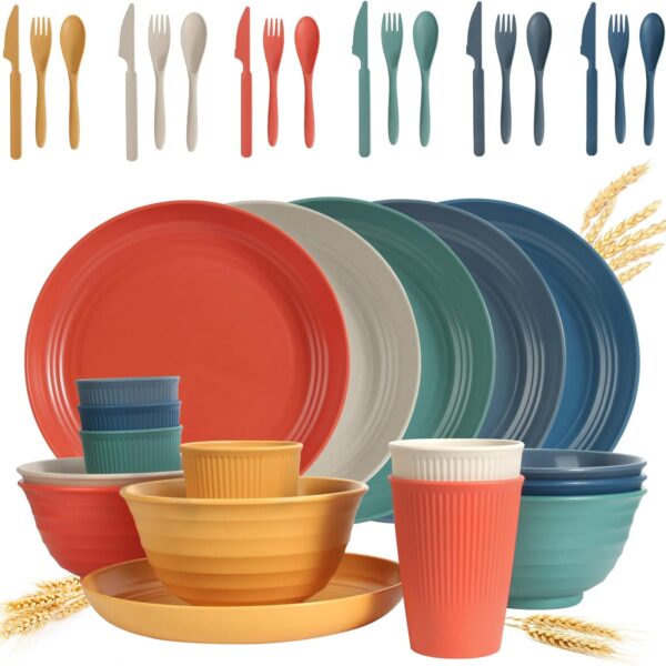 36-Piece Wheat Straw Dinnerware Set, Unbreakable Plates & Bowls, Colorful, Microwave & Dishwasher Safe