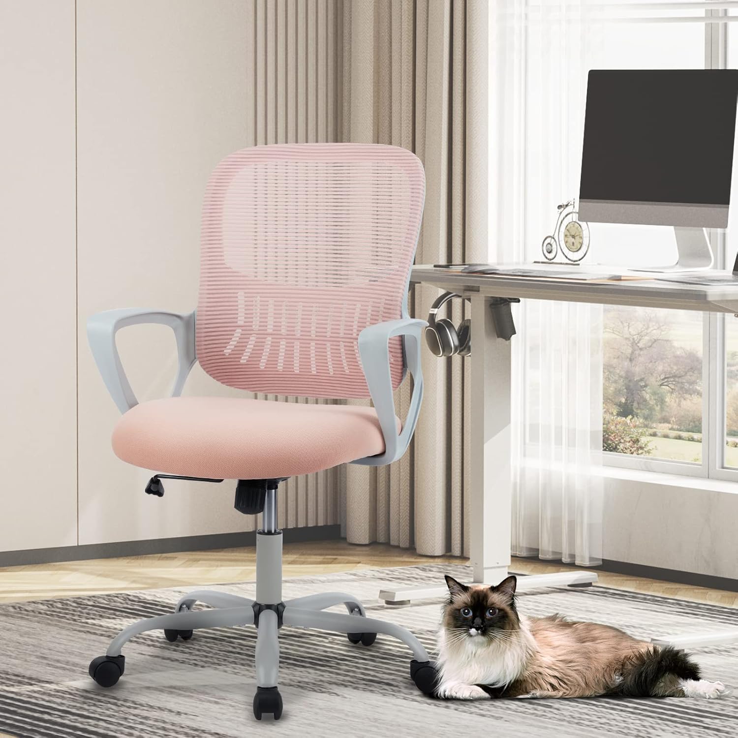 Pink Ergonomic Mid-Back Office Chair, Mesh, Lumbar Support, 360° Swivel, Flip-Up Armrests - Image 4