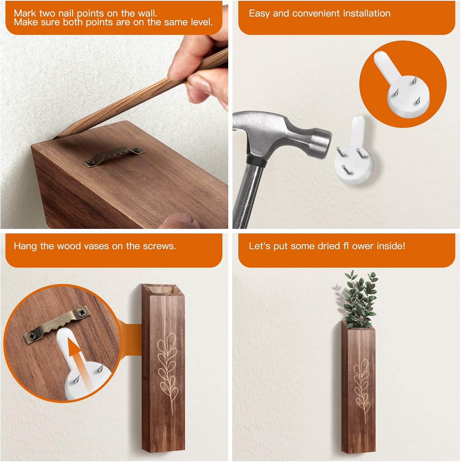 4-Pack Wood Wall Planters, Modern Boho Farmhouse, Brown, Indoor Decor for Flowers & Greenery - Image 3