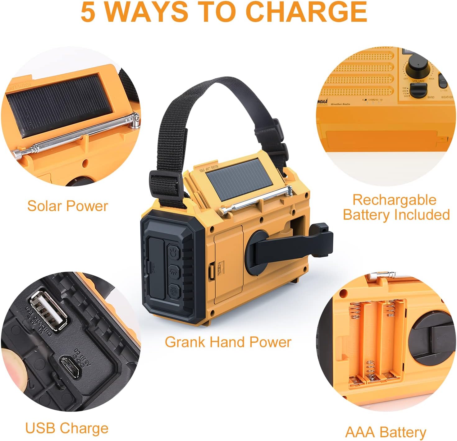 Emergency Weather Radio, Solar & Hand Crank, 5000mAh, AM/FM/SW/NOAA Alerts, Flashlight & Charger - Image 4
