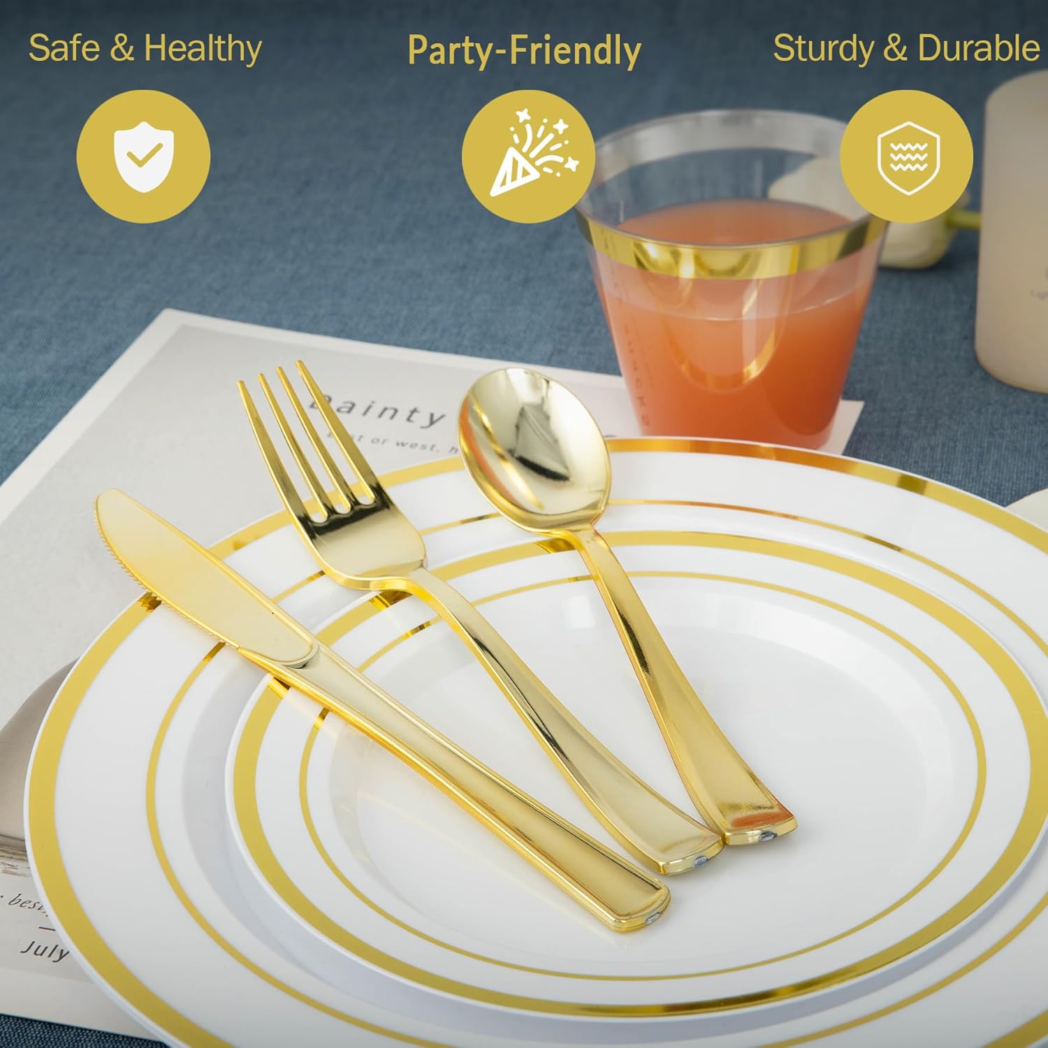 600-Piece Gold Disposable Dinnerware Set for 100 Guests, Plates, Cups & Cutlery - Image 3