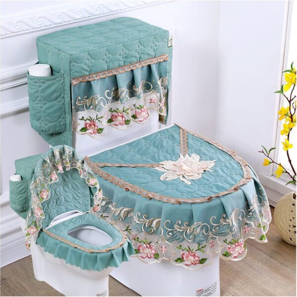 3-Piece Soft Lace Toilet Cover Set, Lid & Tank Covers with Storage Bag, Green
