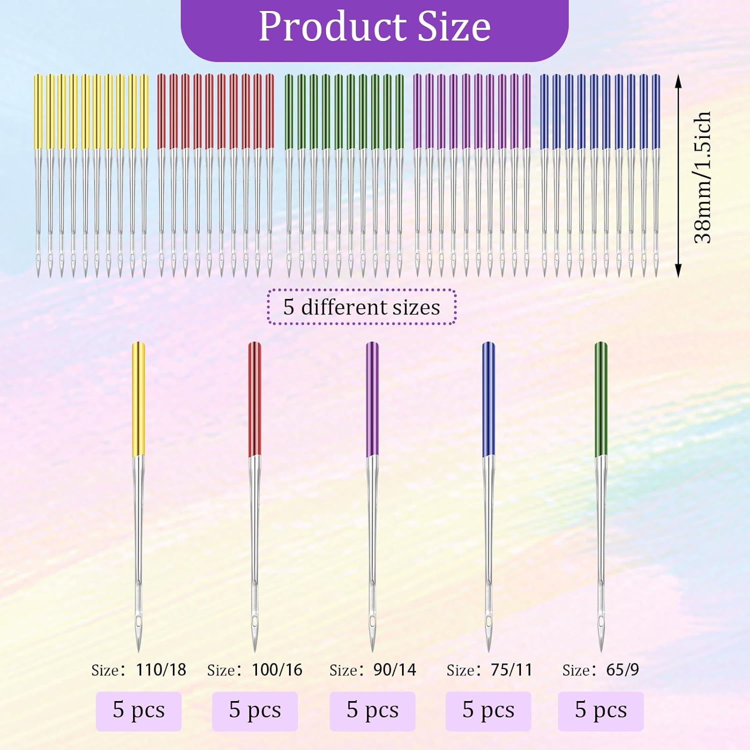 50-Pack Universal Sewing Machine Needles for Knit Fabric, Sizes 65/9–110/18, 5 Colors - Image 4